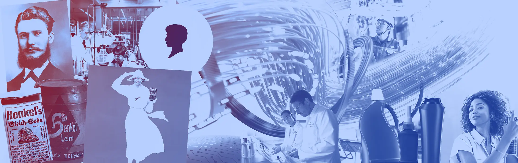 صورة مجمّعة لمنتجات هنكل القديمة، وعبوات المنظفات، والعاملين في المختبرات، وإعلانات تاريخية بدرجات اللون الأزرق.