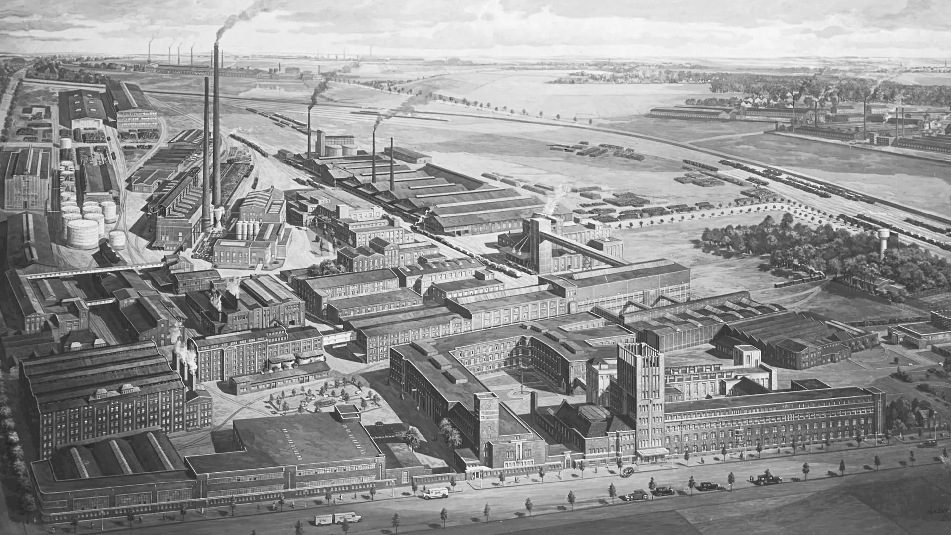 رسم يُظهر الواجهة الخارجية لموقع هنكل في دوسلدورف-هولتهاوزن.