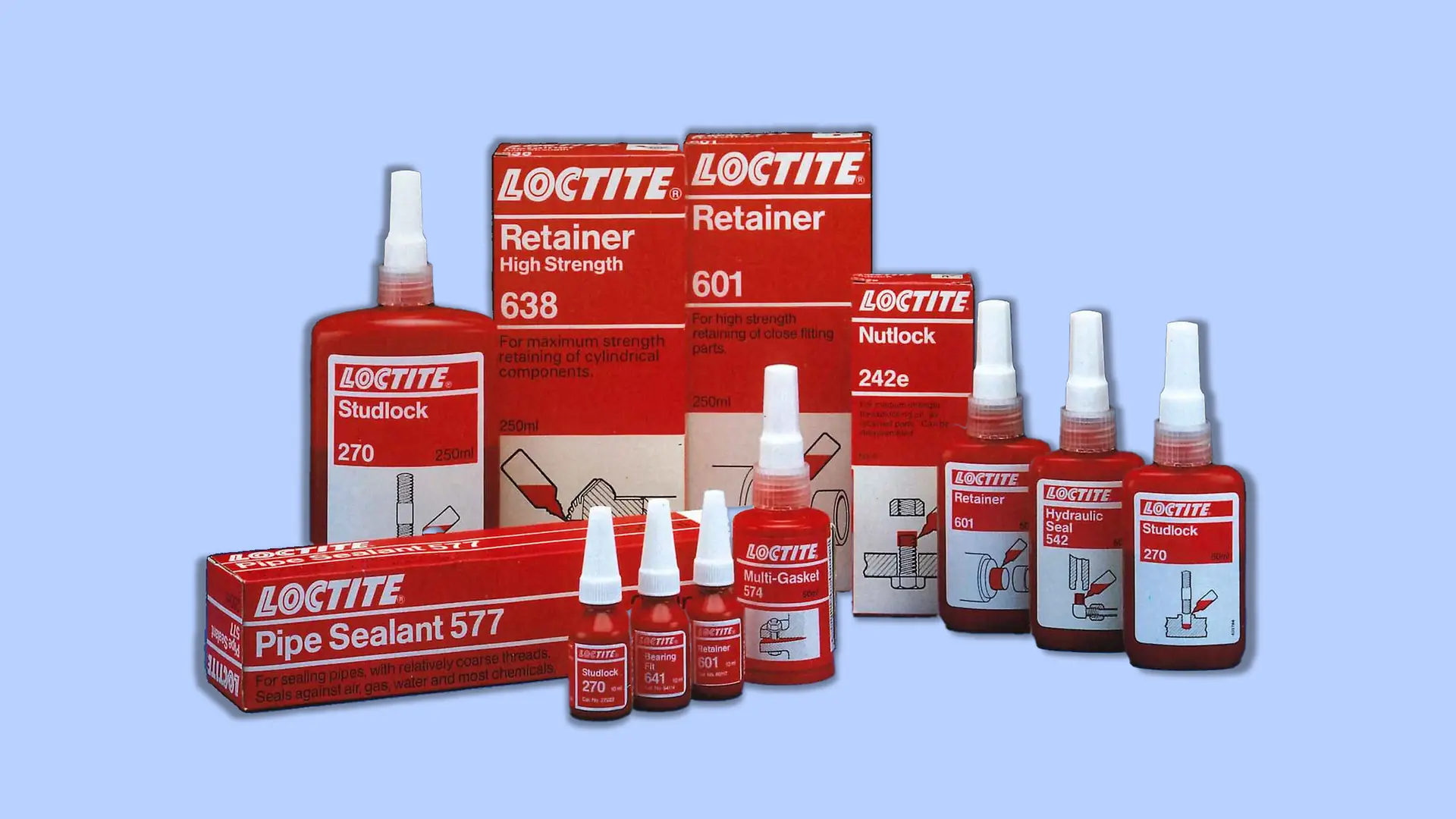 مجموعة متنوعة من منتجات Loctite الصناعية من تسعينيات القرن الماضي.