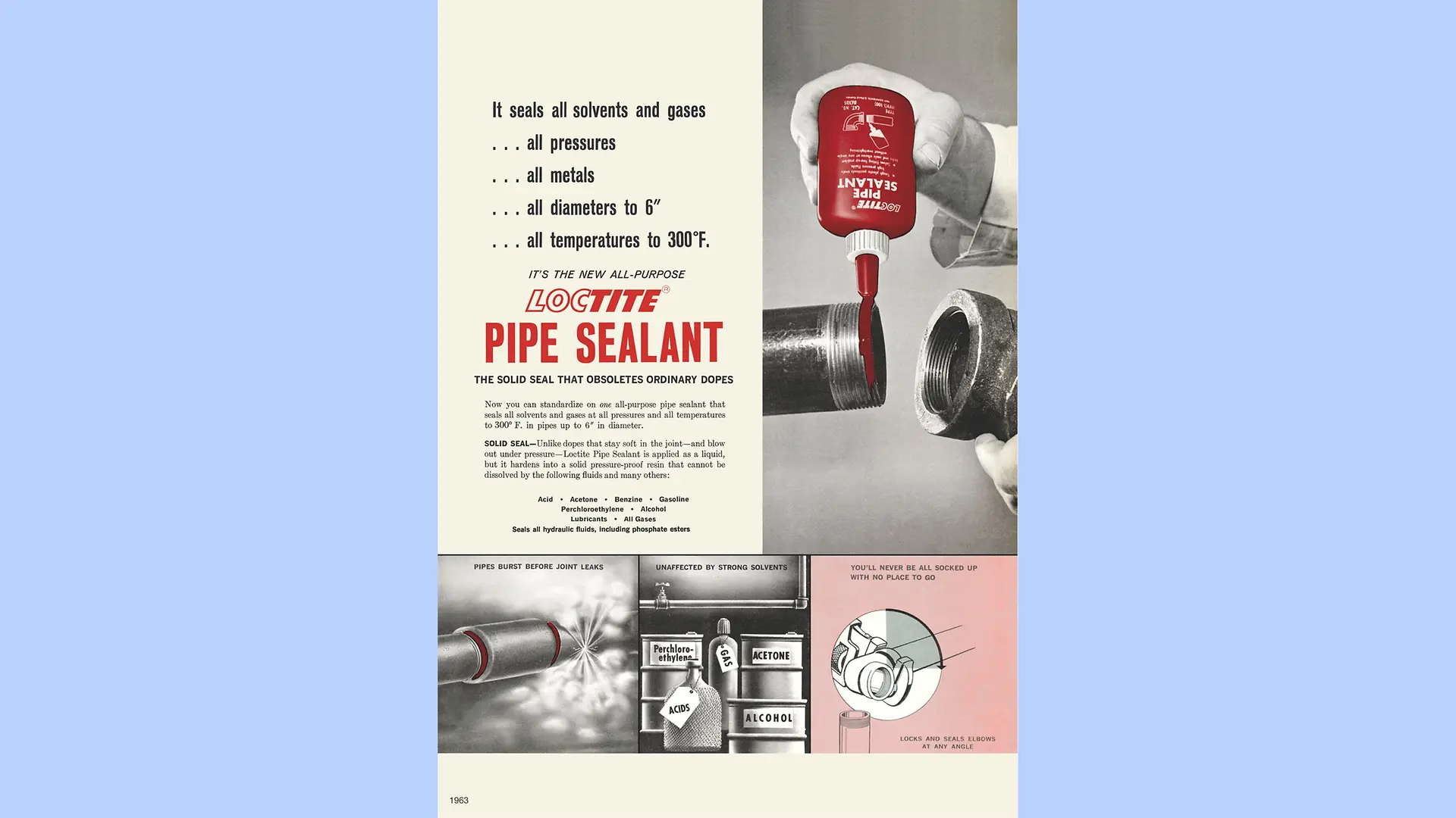 ملصق إعلاني إنجليزي لغراء Loctite Pipe Sealant يوضّح طريقة استخدام المنتج.